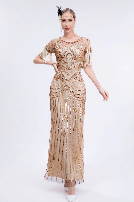 Geometric Dresses for Modern -Champagne Beaded Long Gatsby Fringed Flapper Dress