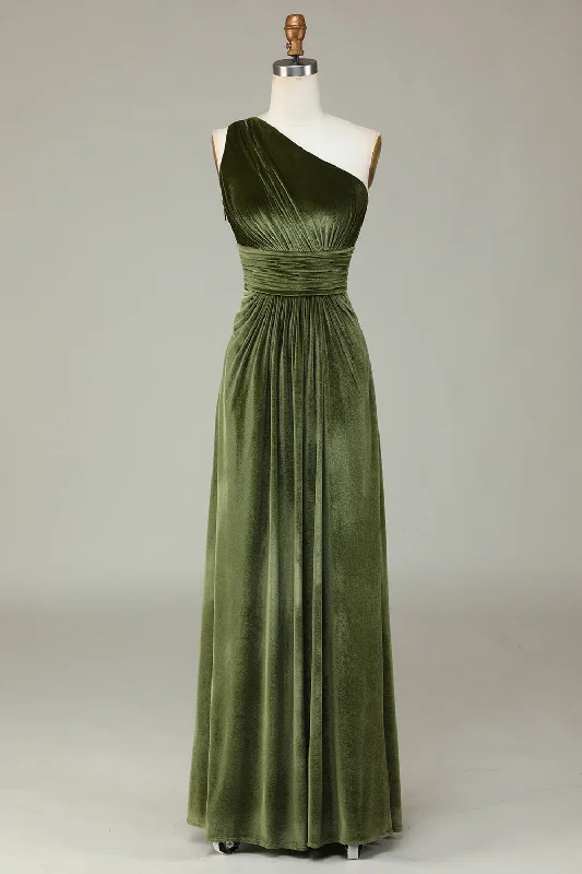 Evening Dresses for Formal Events -Velvet One Shoulder Olive Bridesmaid Dress