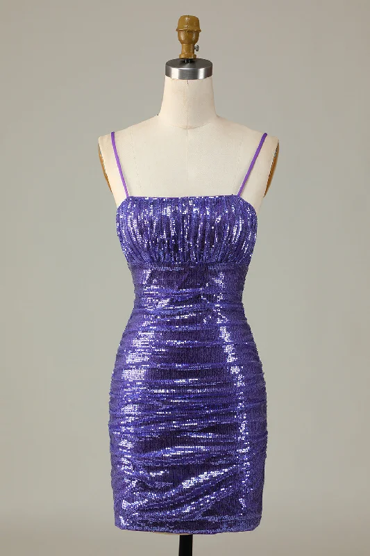 A-line Dresses for Flattering -Sparkly Purple Sequins Spaghetti Straps Tight Short Homecoming Dress