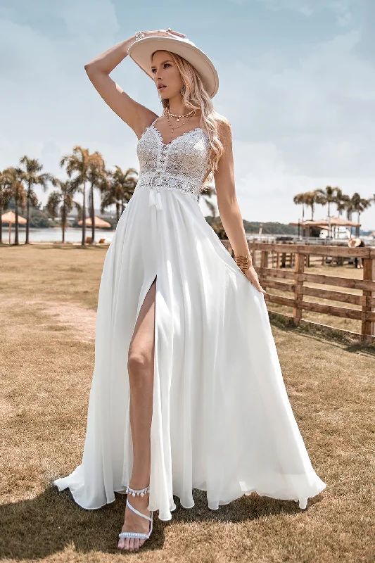 Linen Dresses for Breathable -Lace Backless Spaghetti Straps Boho Wedding Dress with with Slit