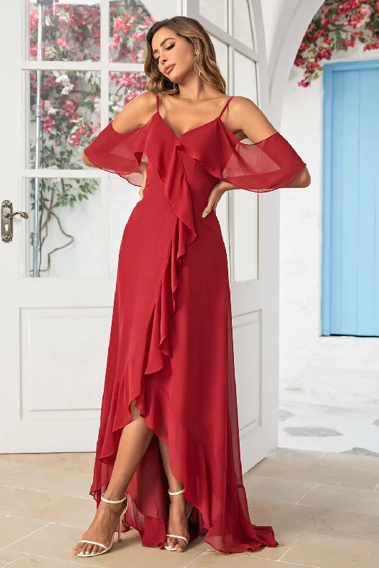 Formal Dresses for Occasions -A Line Off the Shoulder Burgundy Long Bridesmaid Dress with Ruffles