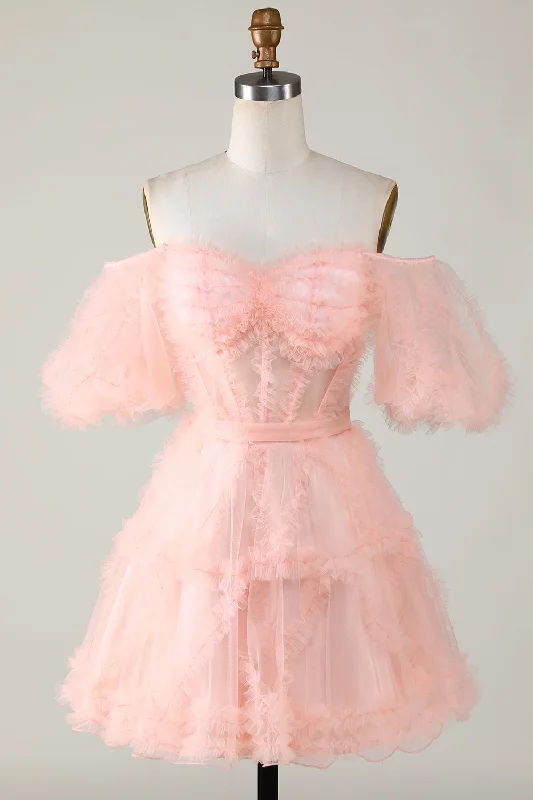 Studded Dresses for Statement -Cute A line Blush Tulle Off The Shoulder Short Homecoming Dress