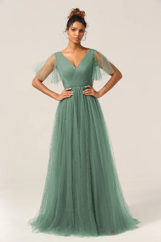 Sheath Dresses for Sophisticated -Eucalyptus V Neck Open Back A Line Bridesmaid Dress