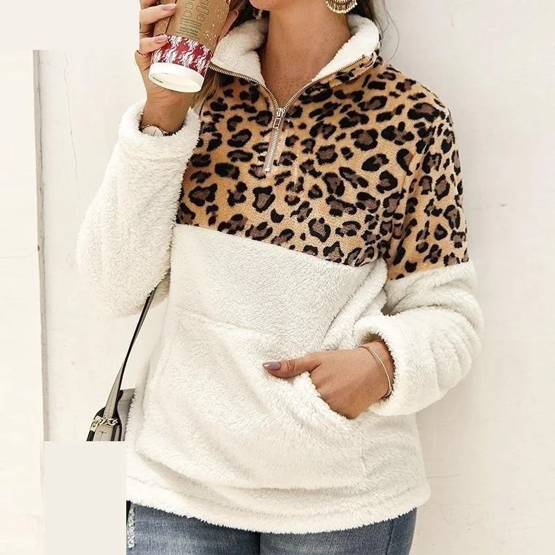 Denim Hoodie with Rhinestone Trim for Glam Cowgirl Style -Women's Leopard Pocket Zipper Patchwork Long Sleeve Sweatshirt