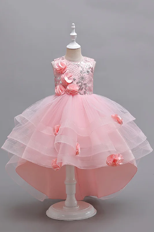 Printed Dresses with Patterns -Pink High Low Appliques Sparkly Girls Dresses