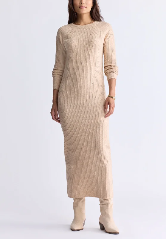 Gray Dresses for Subtle -Jaida Women’s Long Sleeve Rib Knit Dress, Tan - SD0004F