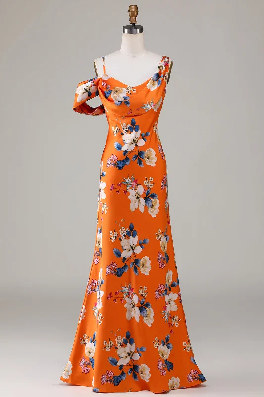 Sheath Dresses for Sophisticated -Mermaid Printed Orange Flower Bridesmaid Dress