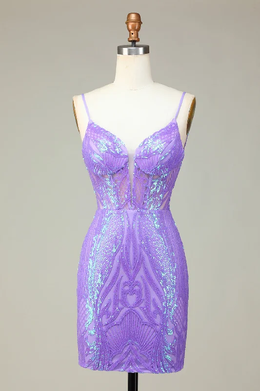 Ethnic Dresses with Tribal Design -Stylish Bodycon Spaghetti Straps Lilac Sequins Corset Homecoming Dress with Criss Cross Back