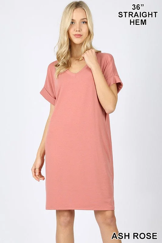 Sundress Dresses for Sunny -Rolled Sleeve V-Neck Dress (Ash Rose)