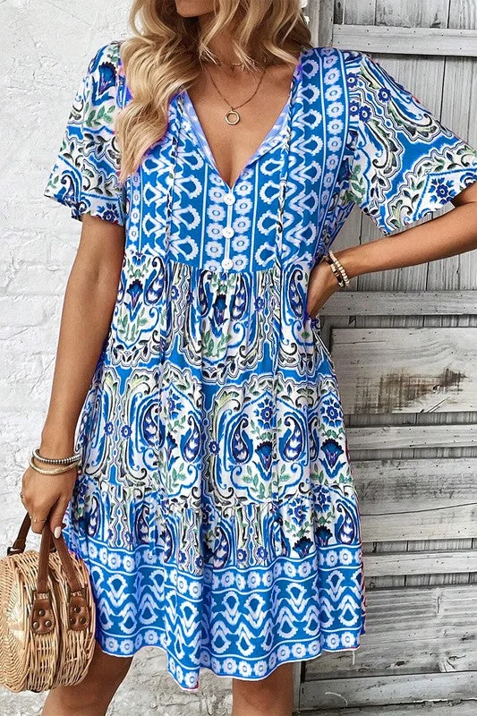 Modern Dresses for Trendy -Ruffle Hem Print Dress (Blue)