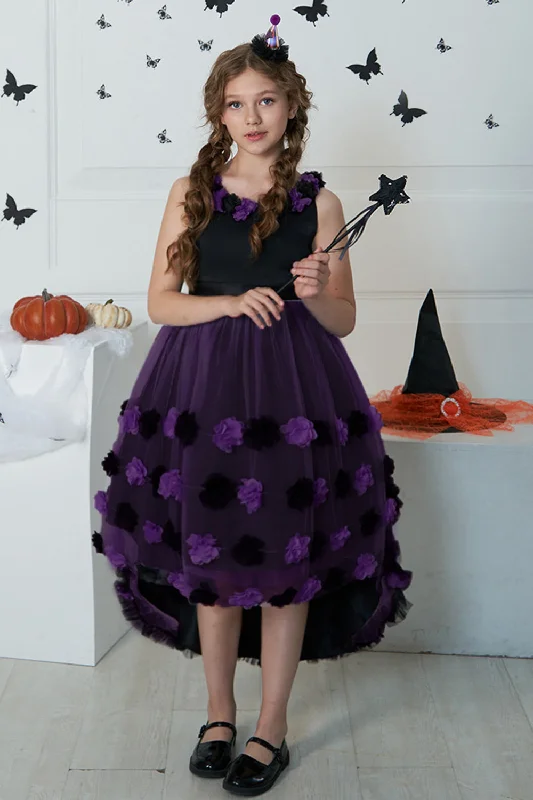 Purple Dresses for Royalty -Dark Purple High Low Tulle Halloween Girl Dress With 3D Flower