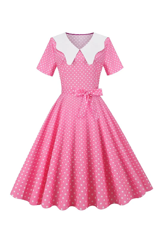 Fashionable Dresses for Style -Pink Polka Dot Short Sleeves Peter Pan Vintage Dress