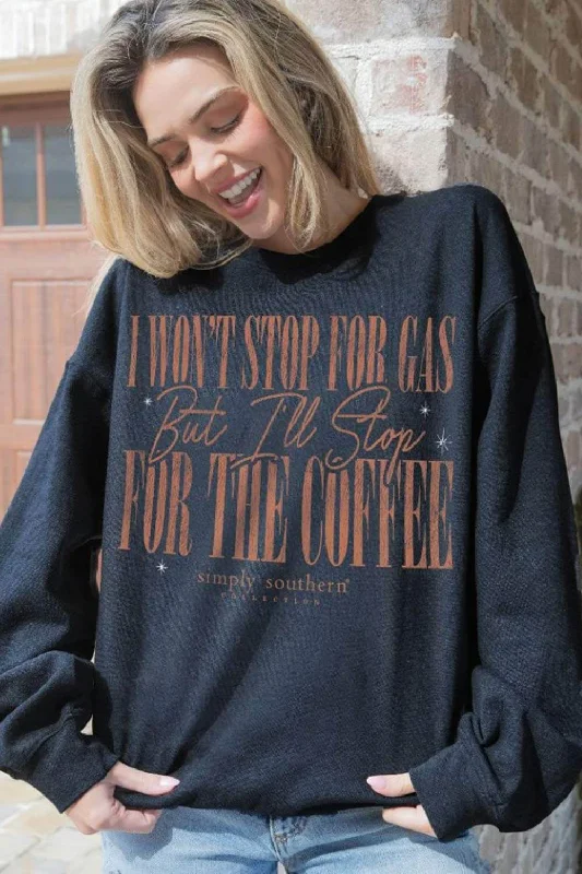 Acid Wash Sweatshirt with Distressed Hem 90s Throwback Look -Simply Southern Stop for Coffee Sweatshirt for Women in Black | CREW-COFFEE-BLACK