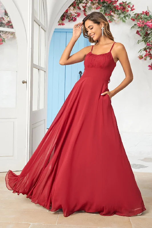 Christmas Dresses for Holiday -Simple A Line Spaghetti Straps Burgundy Long Bridesmaid Dress