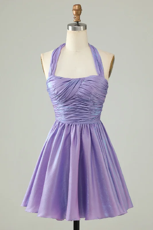 Mother's Day Dresses for Gift -Purple Halter Open Back Sleeveless A Line Homecoming Dress