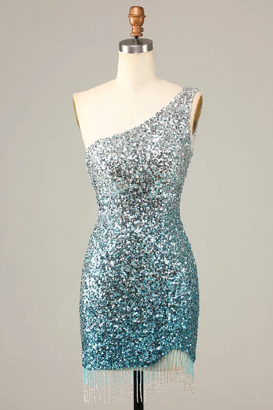 Indian Dresses with Intricacy -Sparkly Bodycon One Shoulder Blue Sequins Short Homecoming Dress with Tassel