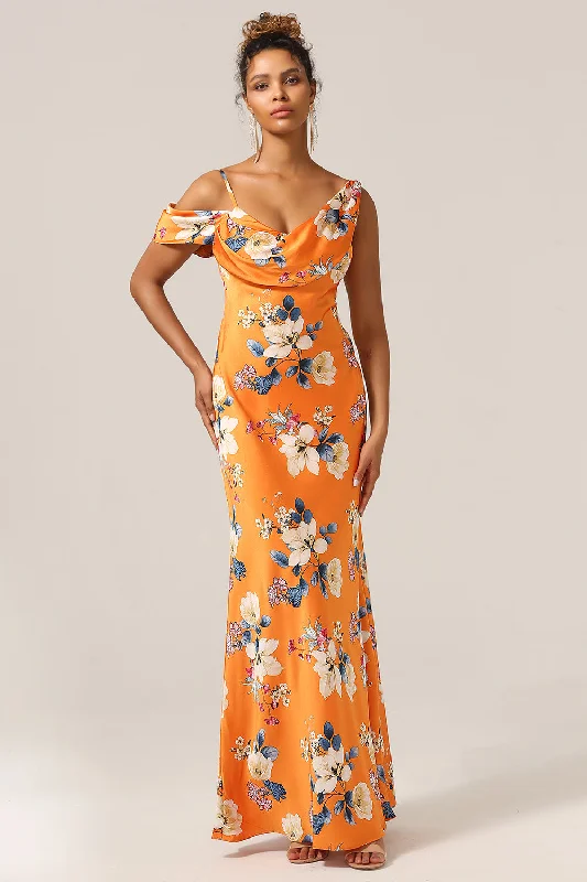 Flared Dresses for Retro -Trendy Mermaid One Shoulder Printed Orange Flower Bridesmaid Dress