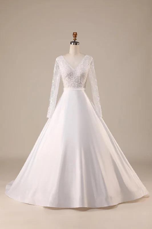 Fashionable Dresses for Style -Ivory Satin Sweep Train Long Sleeves Wedding Dress