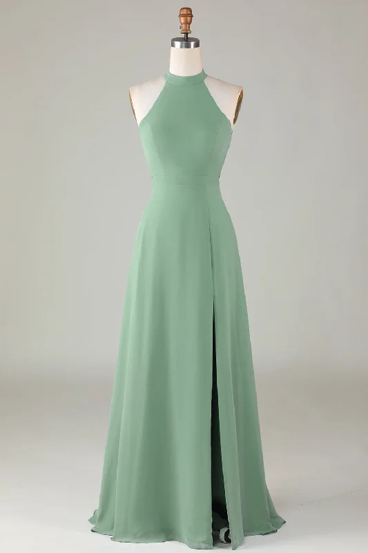 Polyester Dresses for Durable -A-Line Halter Open Back Matcha Bridesmaid Dress with Split Front