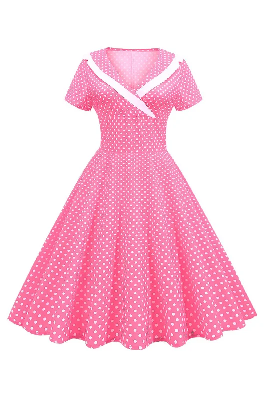 A-line Dresses for Flattering -Pink Polka Dots V-Neck Short Sleeves 1950s Dress