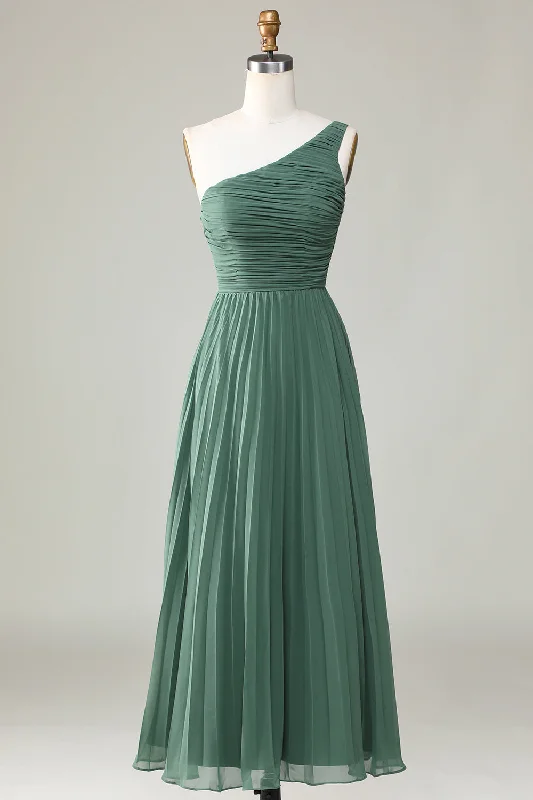 Solid Color Dresses for Simple -Eucalyptus One Shoulder A Line Ruched Bridesmaid Dress