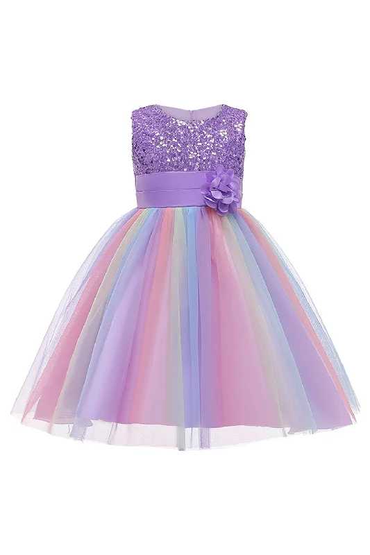 Printed Dresses with Patterns -Sparkly Boat Neck Purple Girls Dresses