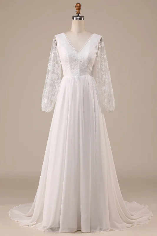 Casual Dresses for Everyday -Ivory Chiffon Sweep Train Boho Wedding Dress with Lace