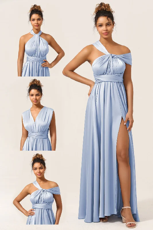 Ruffled Dresses for Girly -Blue Satin Convertible Bridesmaid Dress with Slit