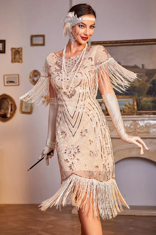 Leather Dresses for Luxury -Sequins Champagne Roaring 20s Great Gatsby Fringed Flapper Dress with Sleeve