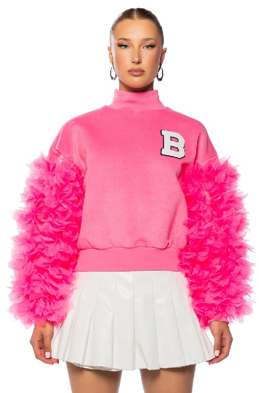 Vintage Sports Team Hoodie Nostalgic Throwback Style -UPPER EAST SIDE PINK RUFFLE SLEEVE SWEATSHIRT