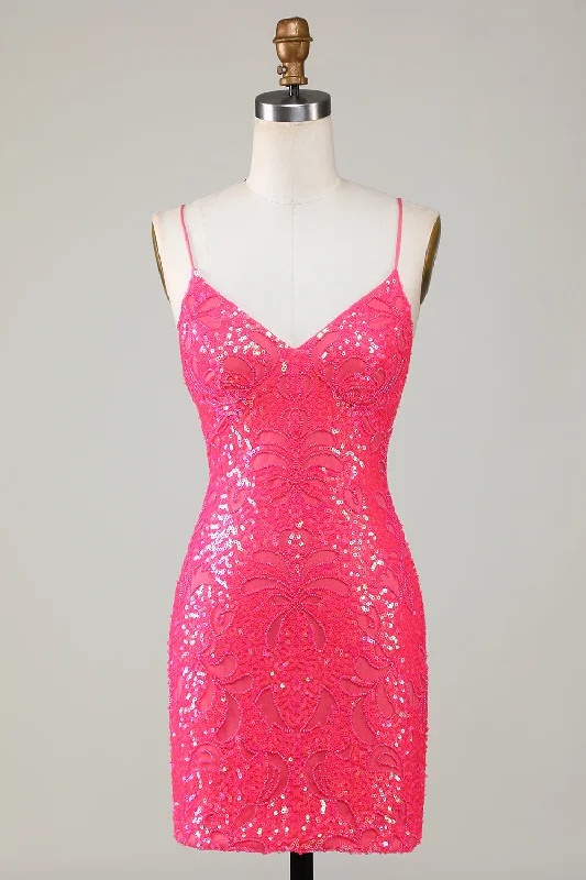 Anniversary Dresses for Special -Unique Sparkly Fuchsia Beaded Tight Short Homecoming Dress