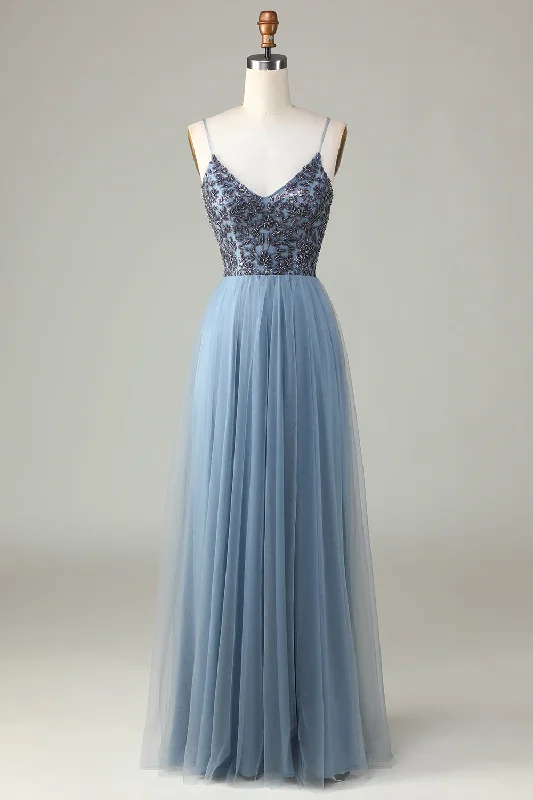 Solid Color Dresses for Simple -Beaded Spaghetti Straps Dusty Blue Bridesmaid Dress