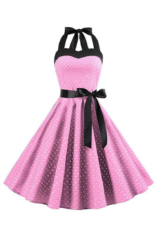 Formal Dresses for Occasions -Pink Polka Dots Halter 1950s Dress With Bowknot