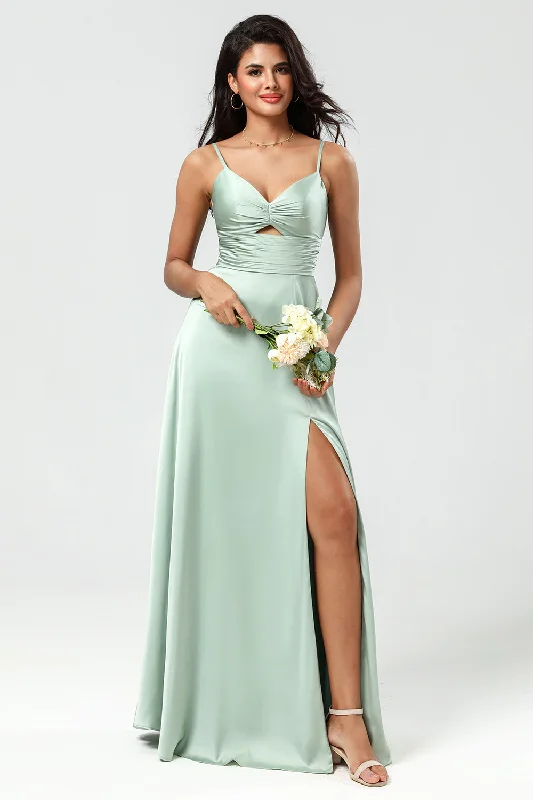 Studded Dresses for Statement -Spaghetti Straps Keyhole A Line Green Bridesmaid Dress with Slit