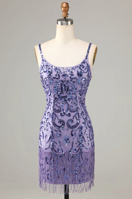 Casual Dresses for Everyday -Sparkly Purple Sequins Spaghetti Straps Short Homecoming Dress with Fringes