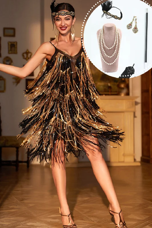 Indian Dresses with Intricacy -Sparkly Black and Golden Sequin Fringed 1920s Dress with Accessories Set