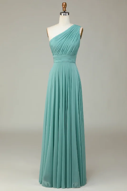 Prom Dresses for School Dance -A-Line One Shoulder Sea Glass Long Bridesmaid Dress