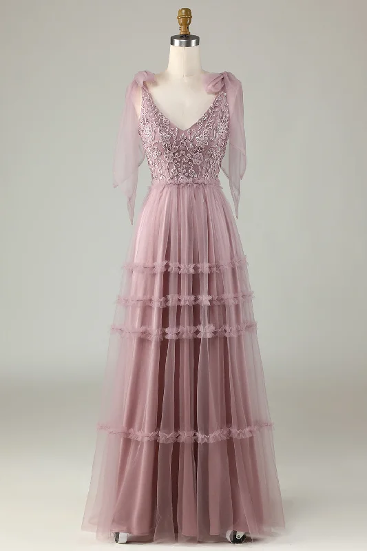 Floral Dresses for Romantic -Tulle V-Neck Dusty Pink Bridesmaid Dress with Beading