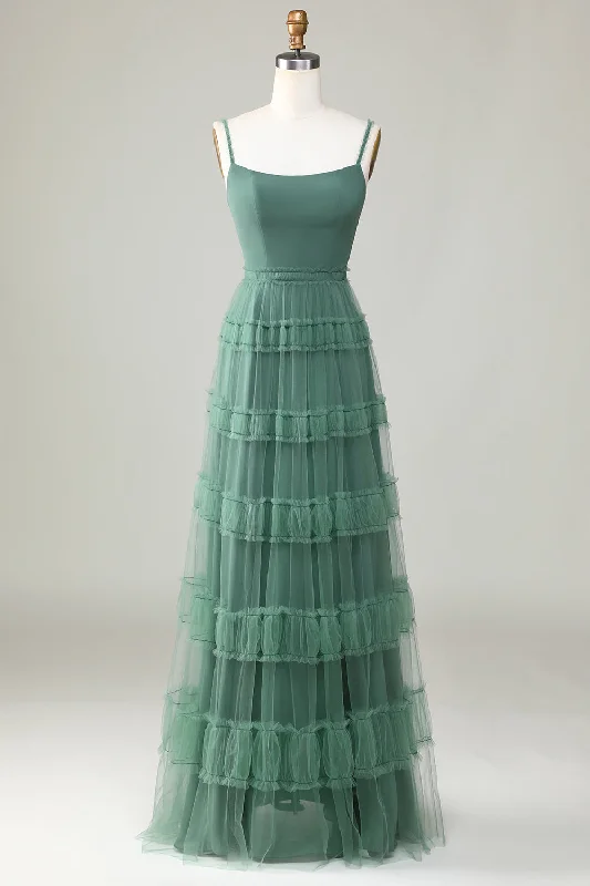 Green Dresses for Nature -Eucalyptus A Line Spaghetti Straps Tulle Bridesmaid Dress