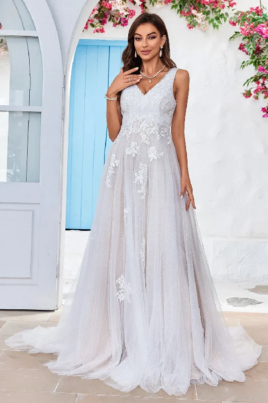 Indian Dresses with Intricacy -Apricot Tulle Sweep Train A Line Wedding Dress with Lace