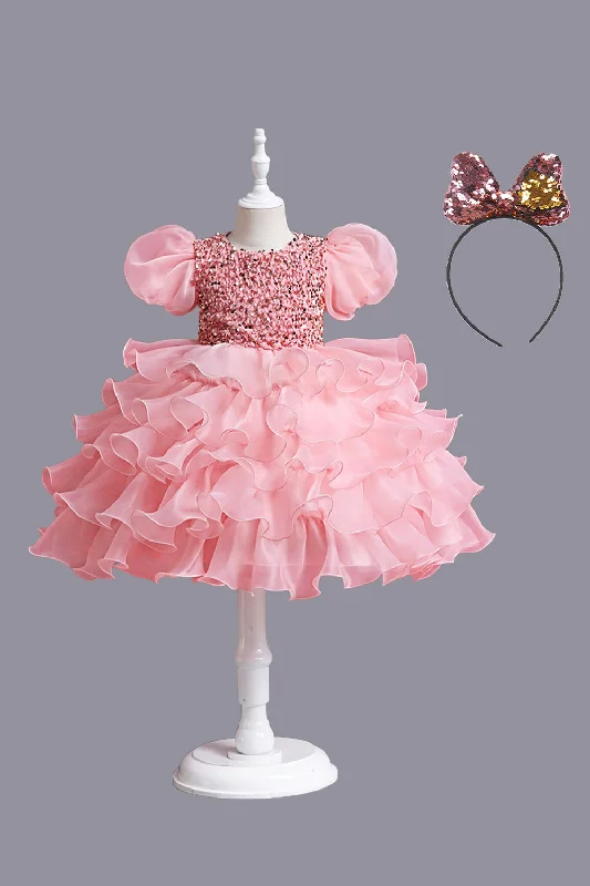 Sleeveless Dresses for Coolness -Puff Sleeves Pink Sequined Girls Dresses With Bow