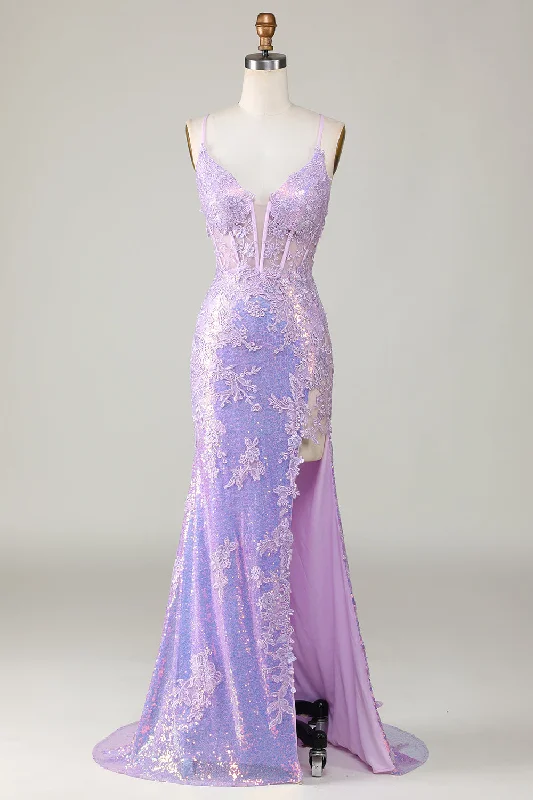 Ball Gown Dresses for Glamour -Sparkly Mermaid Spaghetti Straps Purple Corset Prom Dress with Slit