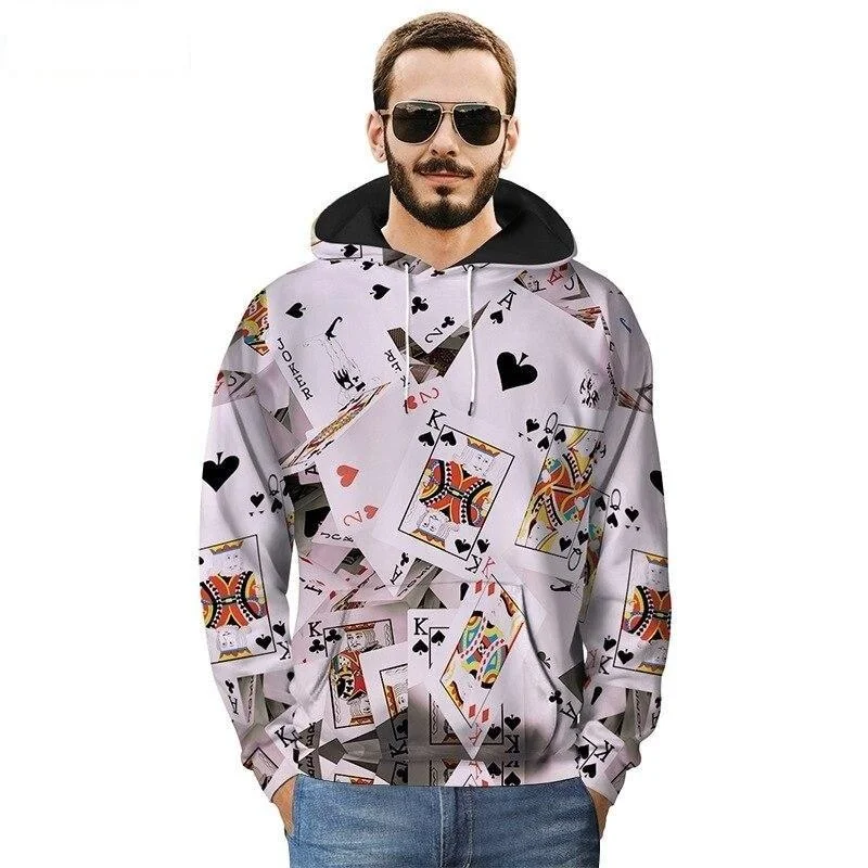 Denim Hoodie with Rhinestone Trim for Glam Cowgirl Style -Unisex 3D Poker Card Print Plus Size Hoody Sweatshirt for Autumn and Winter