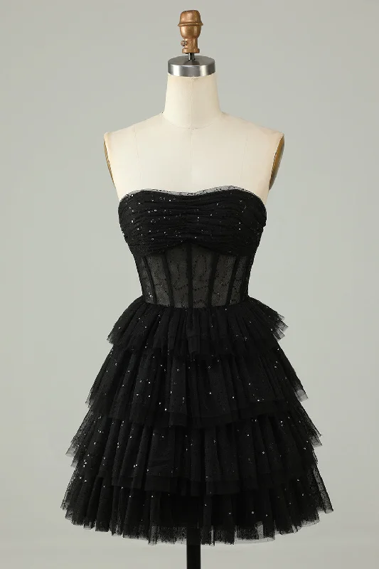 Christmas Dresses for Holiday -Black A Line Strapless Open Back Corset Homecoming Dress