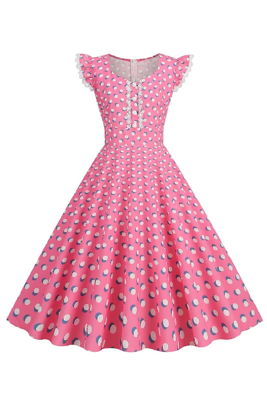 Sundress Dresses for Sunny -A Line Pink Polka Dots Flutter Sleeves Vintage Dress