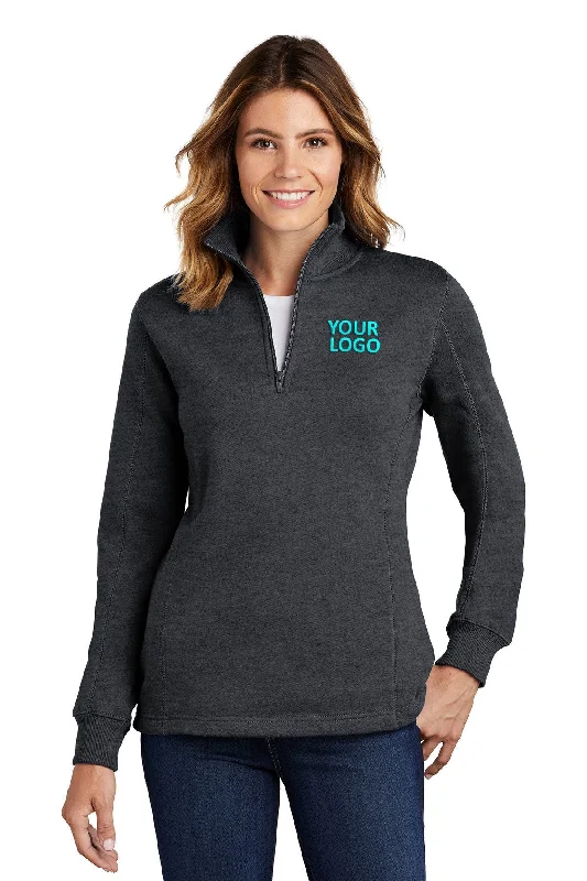 Polo Neck Sweatshirt with Side Pockets Smart Casual Office Wear -Sport-Tek Ladies Customized 1/4-Zip Sweatshirts, Graphite Heather