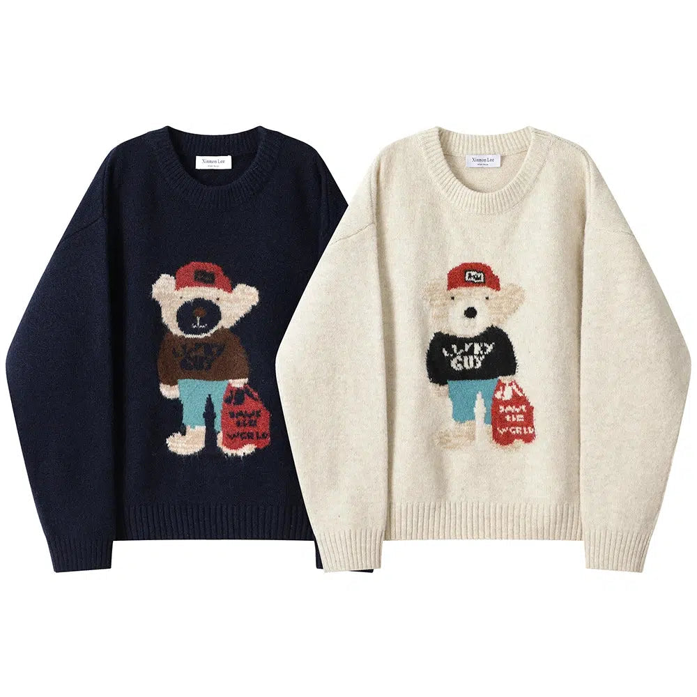 Cable Knit Hoodie with Hooded Collar Cozy Ski Resort Outfits -Cartoon Bear Graphic Sweatshirt