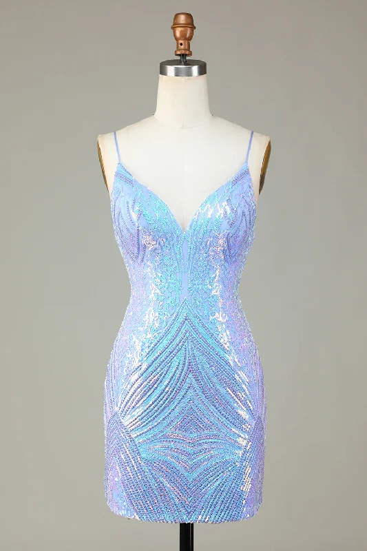 Celtic Dresses with Knotwork -Sparkly Sheath Spaghetti Straps Blue Sequins Short Homecoming Dress with Backless