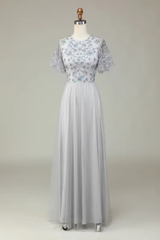 Abstract Dresses for Creative -A-Line Tulle Beaded Long Grey Bridesmaid Dress with Appliques