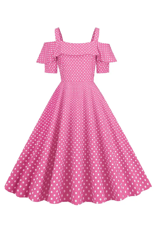 Wedding Dresses for Bridal Look -Cold Shoulder Polka Dots Pink 1950s Dress